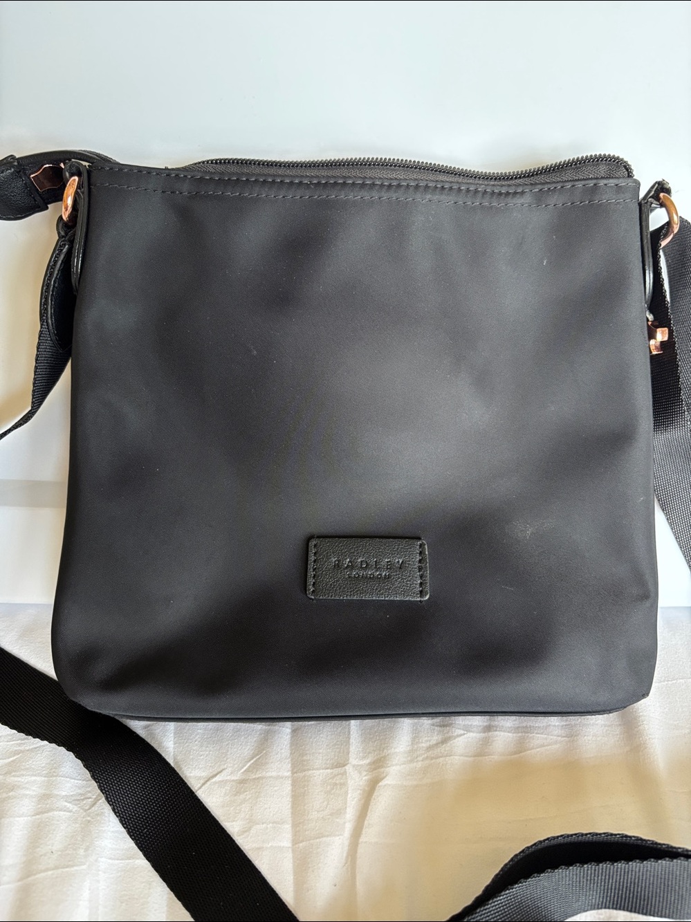 Radley London Black Crossbody Bag Nylon Zip Top Adjustable Strap Nice Condition - Picture 7 of 13